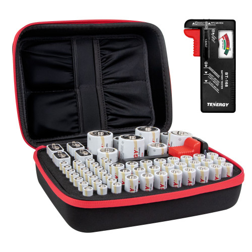 Tenergy 60 Pack Battery And Organizer Storage Case With Tester, Includes 24xAA, 24xAAA, 4xC, 4xD, 4x9V Alkaline Batteries