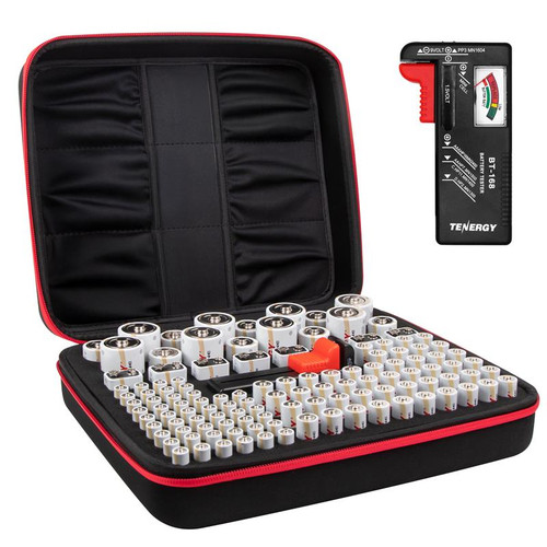 Tenergy 120 Pack Battery And Organizer Storage Case With Tester, Includes 48xAA, 48xAAA, 8xC, 8xD, 8x9V Alkaline Batteries