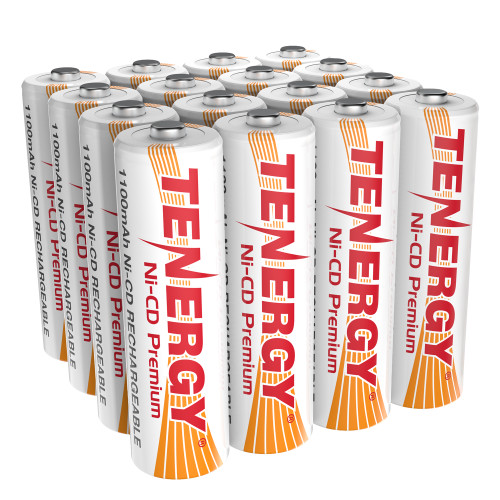Tenergy AA NiCD rechargeable batteries featuring a high 1100mAh capacity for long-lasting electronic power.
