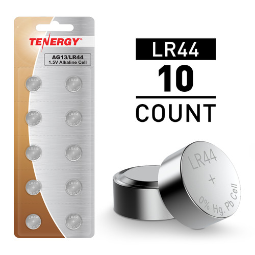 Tenergy LR44 alkaline batteries in a 10-count pack provide 1.5V power for small electronic devices.