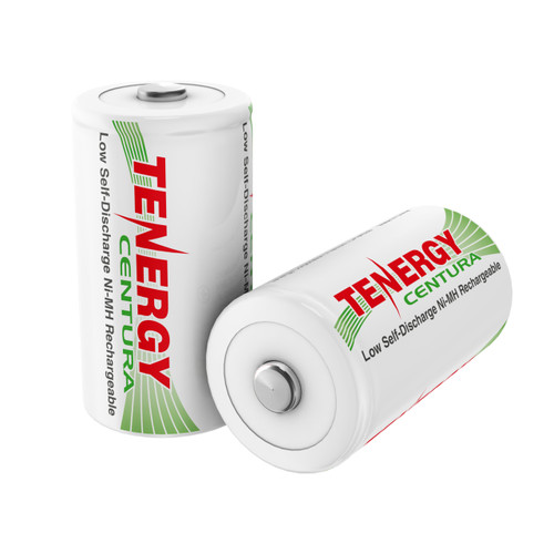 Two Tenergy Centura D batteries feature low self-discharge Ni-MH technology for long-term power in high-drain household electronics.