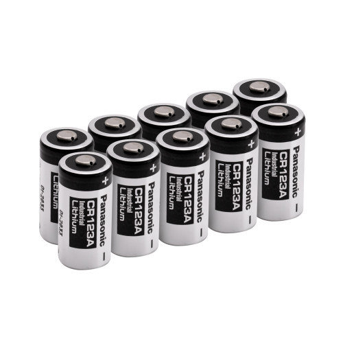 A bulk pack of ten CR123A industrial batteries provides a long-lasting power supply for large security systems.