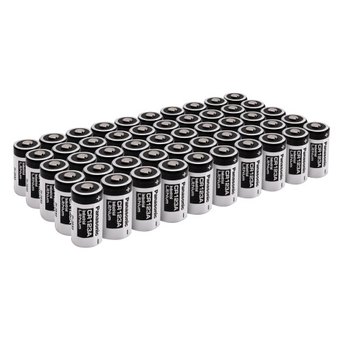 50 pack of Panasonic CR123A lithium batteries arranged in rows for high-drain electronic devices and professional stock.