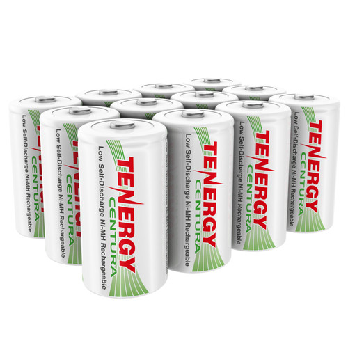 Twelve Tenergy Centura D batteries feature low self-discharge Ni-MH technology for long-term power in high-drain household electronics.