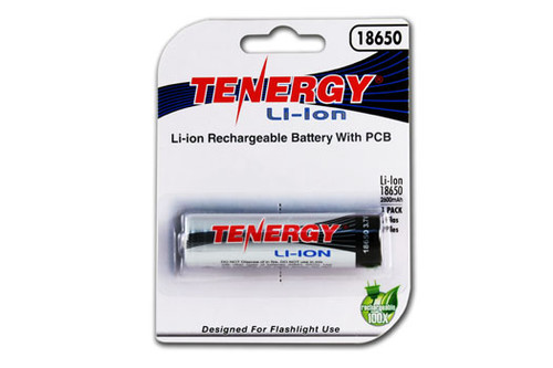 Tenergy 18650 3.7V protected Li-ion battery featuring a button top design for reliable contact in various flashlights.