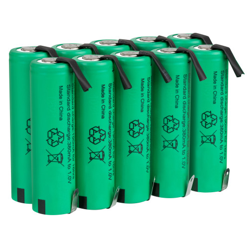 A bulk pack of green AA NiMH batteries with soldering tabs designed for custom battery pack assembly and repairs.