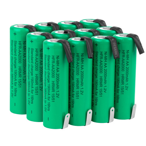 A bulk pack of green AA NiMH batteries with soldering tabs designed for custom battery pack assembly and repairs.