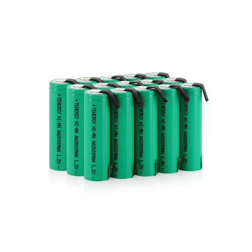 A bulk pack of green AA NiMH batteries with soldering tabs designed for custom battery pack assembly and repairs.