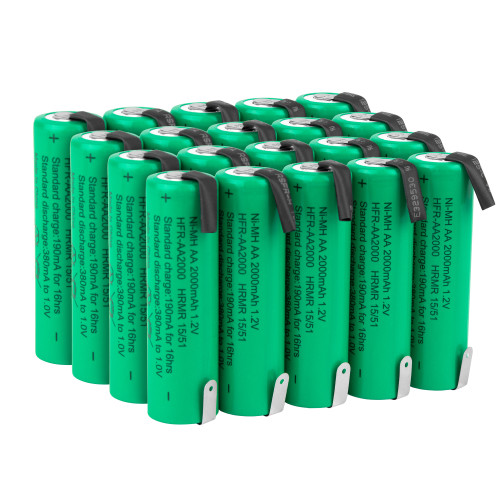 A bulk pack of green AA NiMH batteries with soldering tabs designed for custom battery pack assembly and repairs.