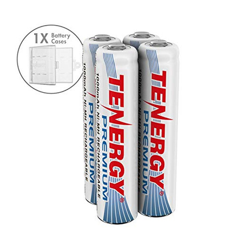Four Tenergy Premium NiMH rechargeable batteries include a storage case for organized power in high-tech devices.