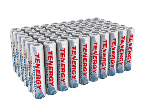 A bulk pack of 60 NiMH rechargeable AAA batteries featuring high capacity for high-drain electronic devices.