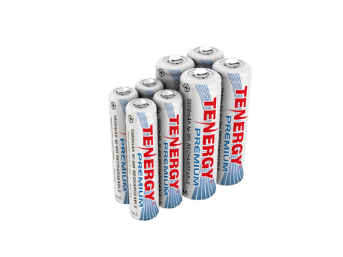 A pack of Tenergy Premium rechargeable batteries in AA and AAA sizes offers high-capacity power for various household electronics.