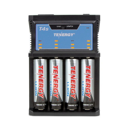 The Tenergy T4s battery charger features four slots and LED indicators for rechargeable 18650 Li-ion batteries.