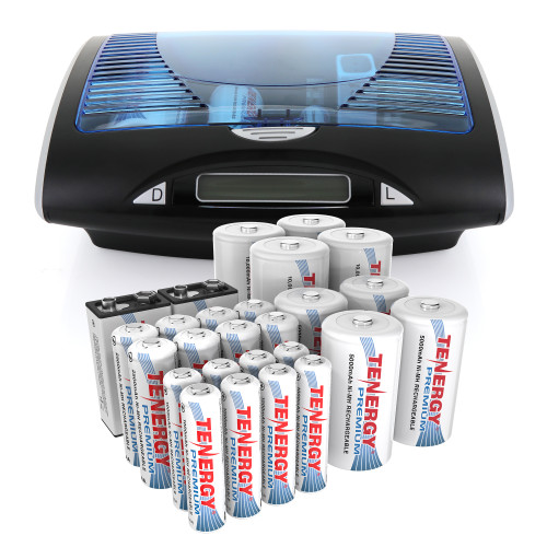 Tenergy smart charger with a bulk NiMH battery set for power users managing many household electronics.