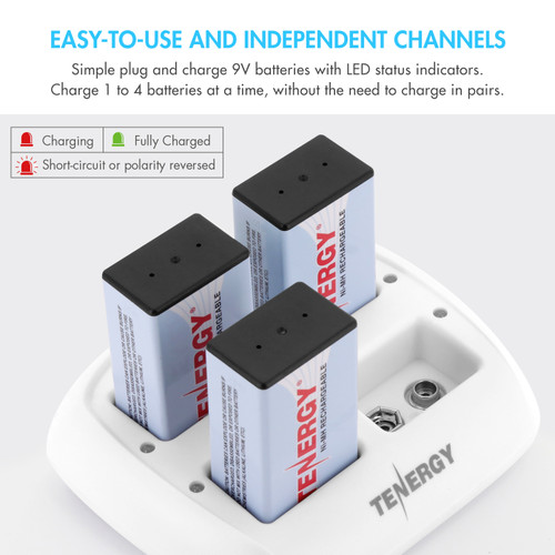 Tenergy TN141 2-Bay 9V Smart Charger + 4 pcs 9V 250mAh NiMH Rechargeable  Batteries 