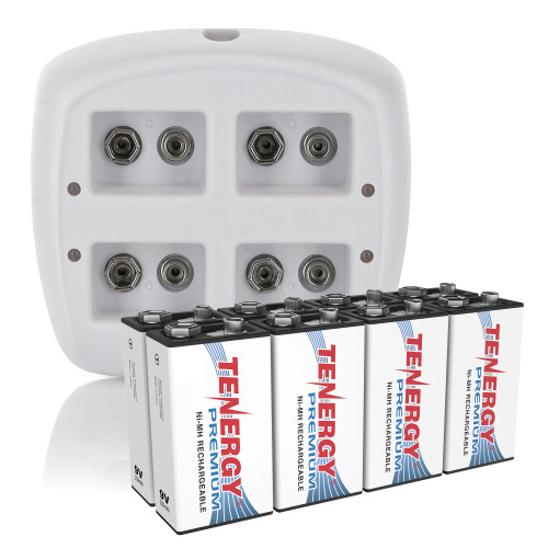 Four-slot 9V charger and 8 pack of NiMH batteries designed for high-drain electronic devices and household essentials.