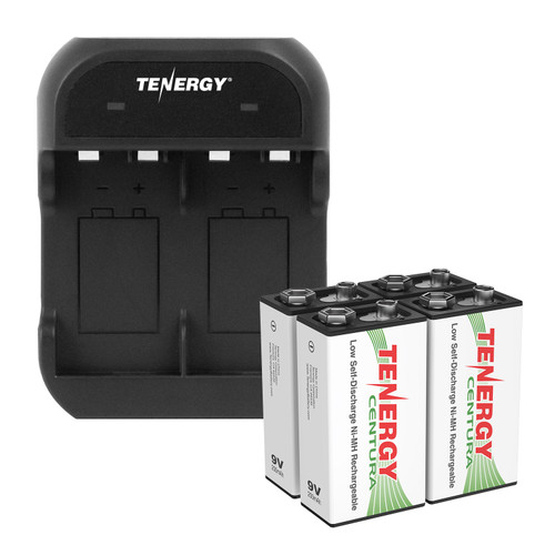 Tenergy TN141 2-bay 9V Charger with 4 pack Centura NiMH 9V 200mAh Rechargeable Batteries.