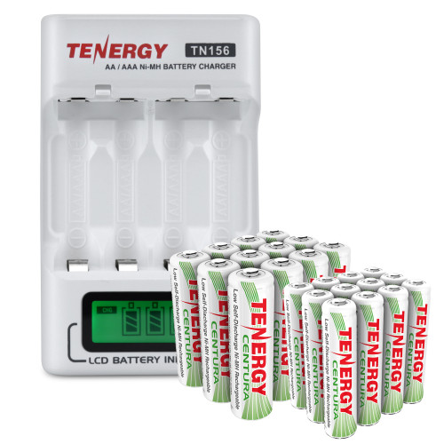 Tenergy TN156 NiMH battery charger with an LCD indicator and 12AA 12AAA batteries for home electronics.