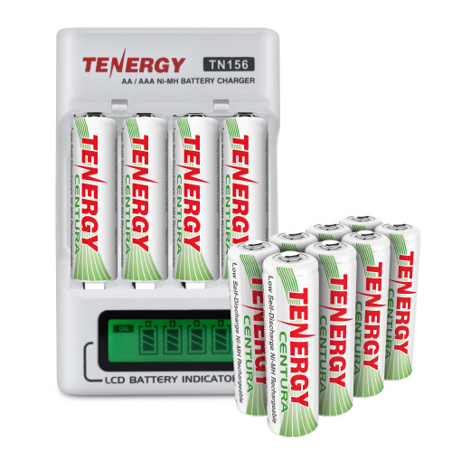 Tenergy TN156 NiMH battery charger with an LCD indicator and 12AA batteries for home electronics.