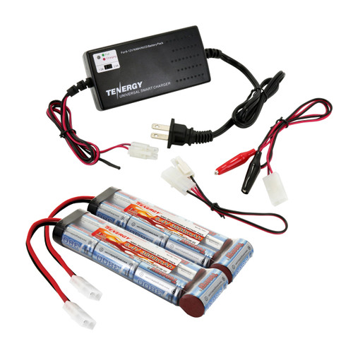Universal NiMH battery kit including a smart charger and adapters for hobbyist electronics.