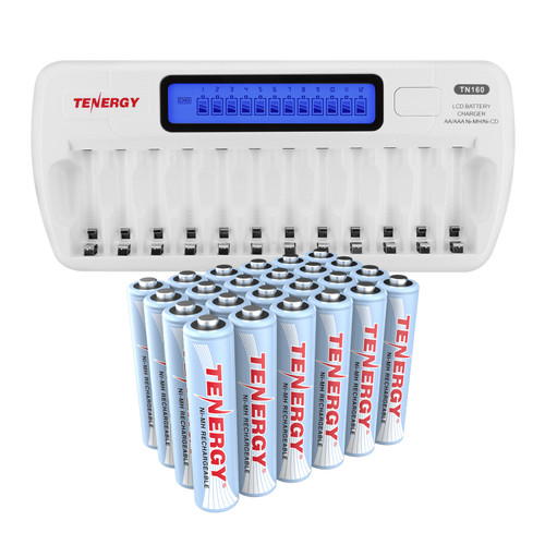 Tenergy TN160 12-slot smart charger fully loaded with blue NiMH batteries for users requiring bulk power solutions.