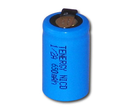 Tenergy 1/2A NiCd rechargeable battery featuring a flat top with solder tabs for building custom industrial battery packs.