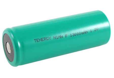 Green Tenergy NiMH 1.2V cell providing 13000mAh for industrial equipment needing a flat top rechargeable battery.