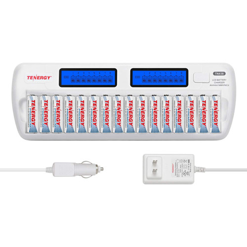 A 16-bay smart battery charger includes an AC adapter and car plug for versatile charging on the go.