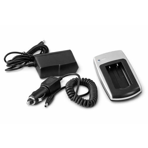 Universal Li-ion RCRV3 battery charger featuring AC and DC power adapters for portable charging during travel or home use.