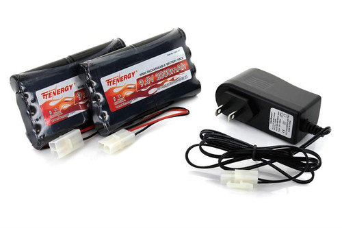 Combo: Tenergy NiMH 9.6V 2000mAh Flat Battery Pack, 2-pack + Charger (#01009), for RC and Airsoft