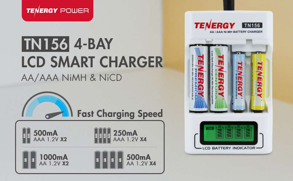 NiMH and NiCD fast charger with charging current of 500mA for 2 AAA batteries, 250mA for 4 AAA batteries, 1000mA for 2 AA batteries, and 500mA for 4 AA batteries.