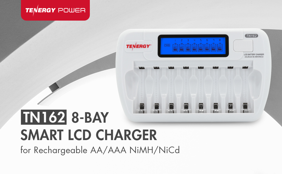 Tenergy TN162 8-Bay LCD Charger for NiMH/NiCD AA/AAA Batteries.
