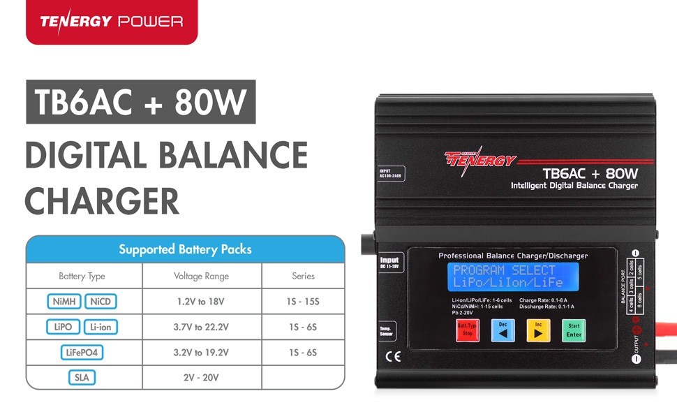 Tenergy TB6AC Charger for NiMH/NiCd/Li-PO/Li-Fe/SLA Battery - Tenergy