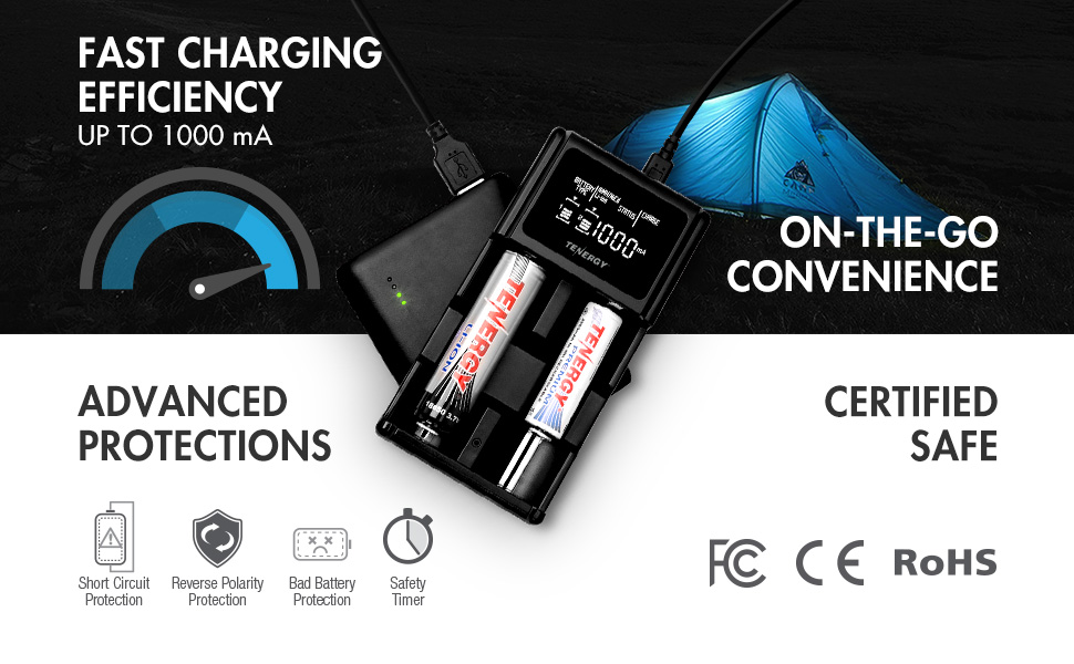 Convenient fast charger with charging current up to 1000mA.