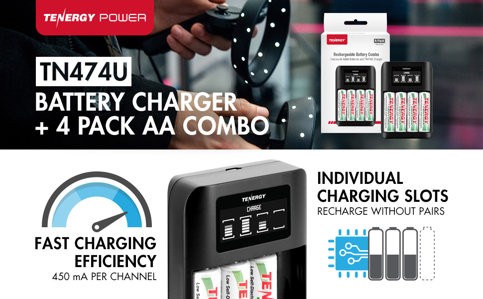TN474U Battery Charger + 4 Pack AA Combo: Fast Charging Efficiency & Individual Charging Slots