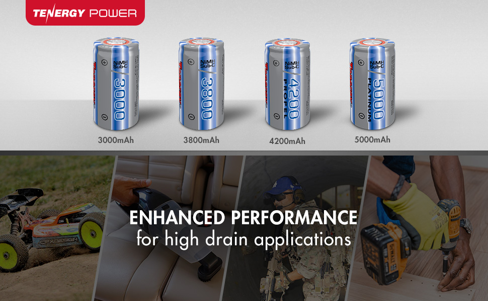 Tenergy NiMH Sub C 3000mAh is ideal for high drain applications.