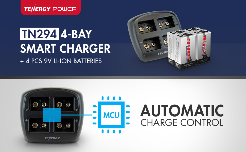 TN294 4-Bay Smart Charger + 4PCS 9V Li-Ion Batteries