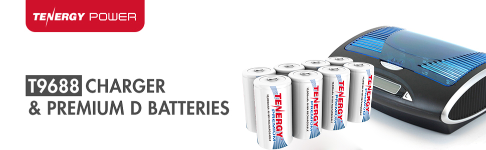 Tenergy T9688 Charger & Premium D-Size Batteries