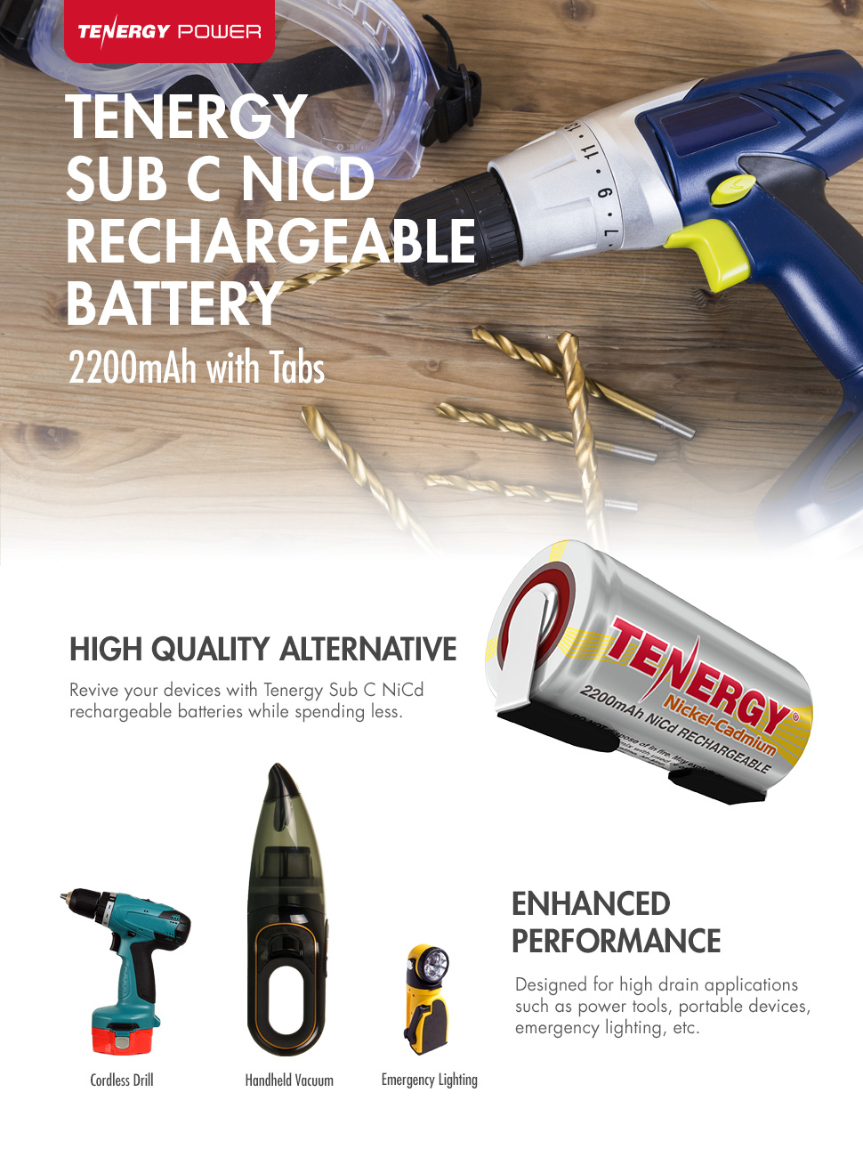 Tenergy NiCd Sub C 2200mah with Tabs - Ideal for high drain applications.