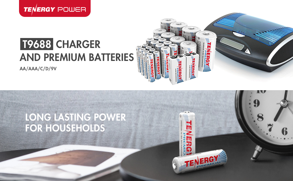 T9688 Charger and Premium Batteries: AA, AAA, C, D, 9V