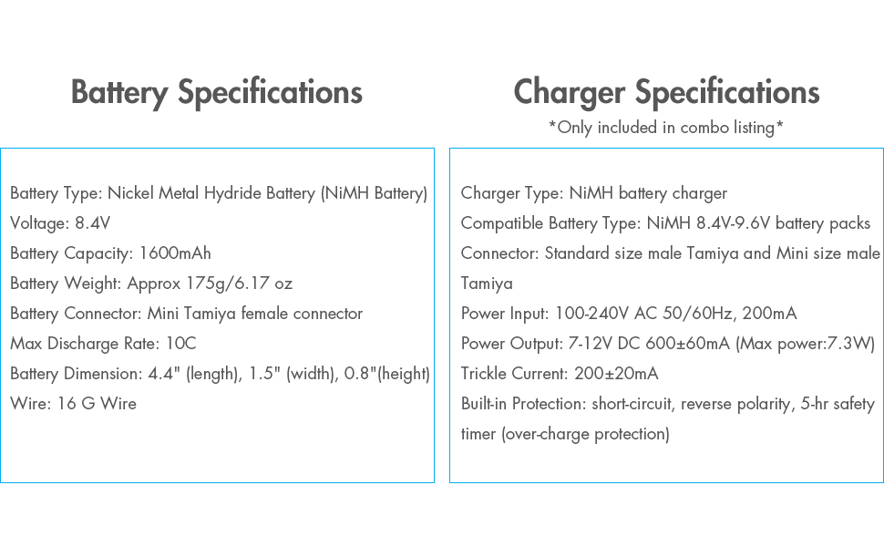 8.4V 1600mAh NiMH Battery Pack with Mini Tamiya Female connector and 8.4V to 9.6V Battery pack charger with standard and mini tamiya male connector.