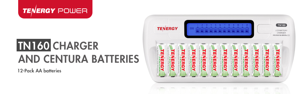 Tenergy TN160 Charger + 12AA Centura Batteries