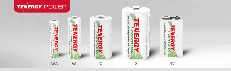 Tenergy Centura Battery Sizes: AAA, AA, C, D, and 9V.