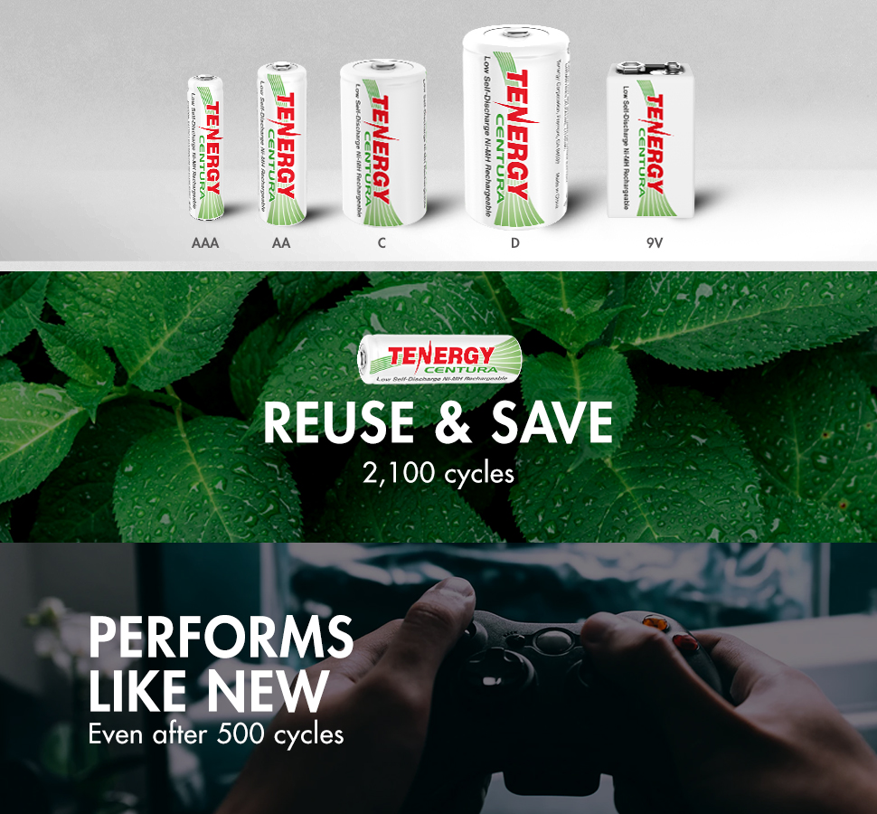 Tenergy Centura Battery Sizes: AAA, AA, C, D, and 9V. Reuse and Save with up to 2100 cycles