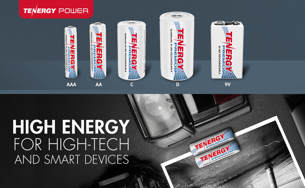 Tenergy Premium Battery Sizes: AAA, AA, C, D, and 9V