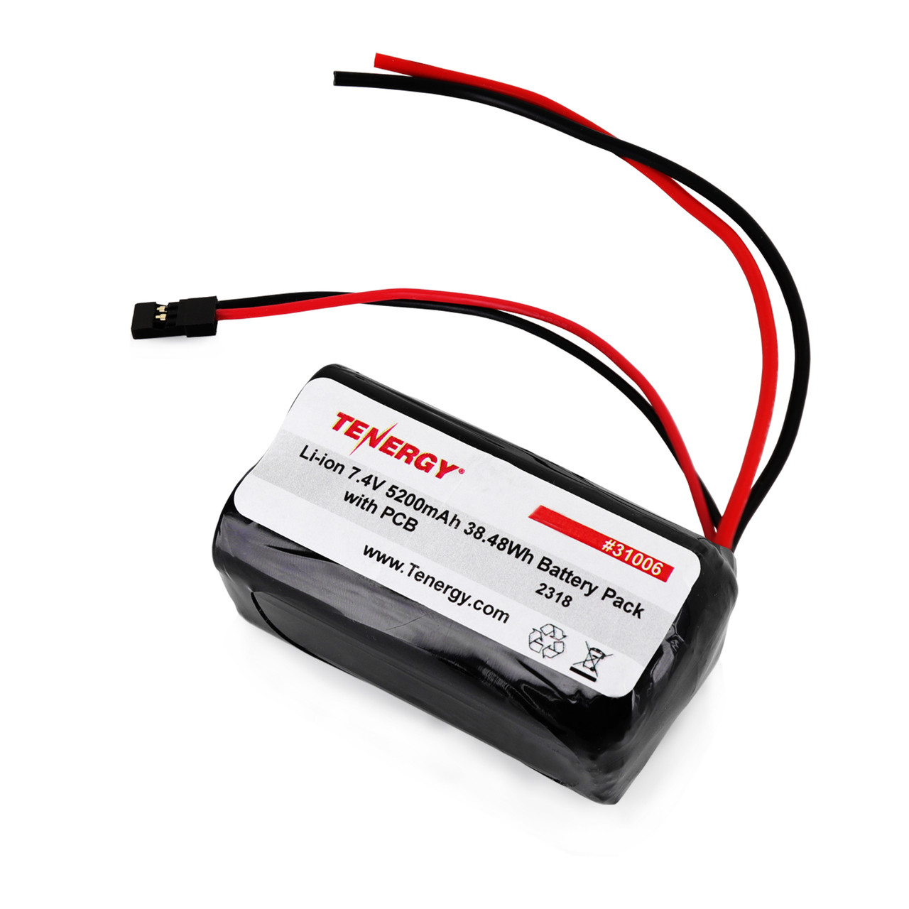 AT: Tenergy Li-Ion 18650 7.4V 5200mAh Square Rechargeable Battery Pack w/ PCB (2S2P, 38.48Wh, 5A Rate, Bare Leads + Hitec Connector)