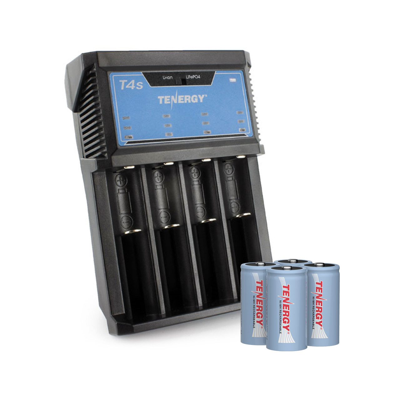 Combo: Tenergy T4s Universal LED Battery Charger + 4 Pack NiMH Rechargeable C Batteries