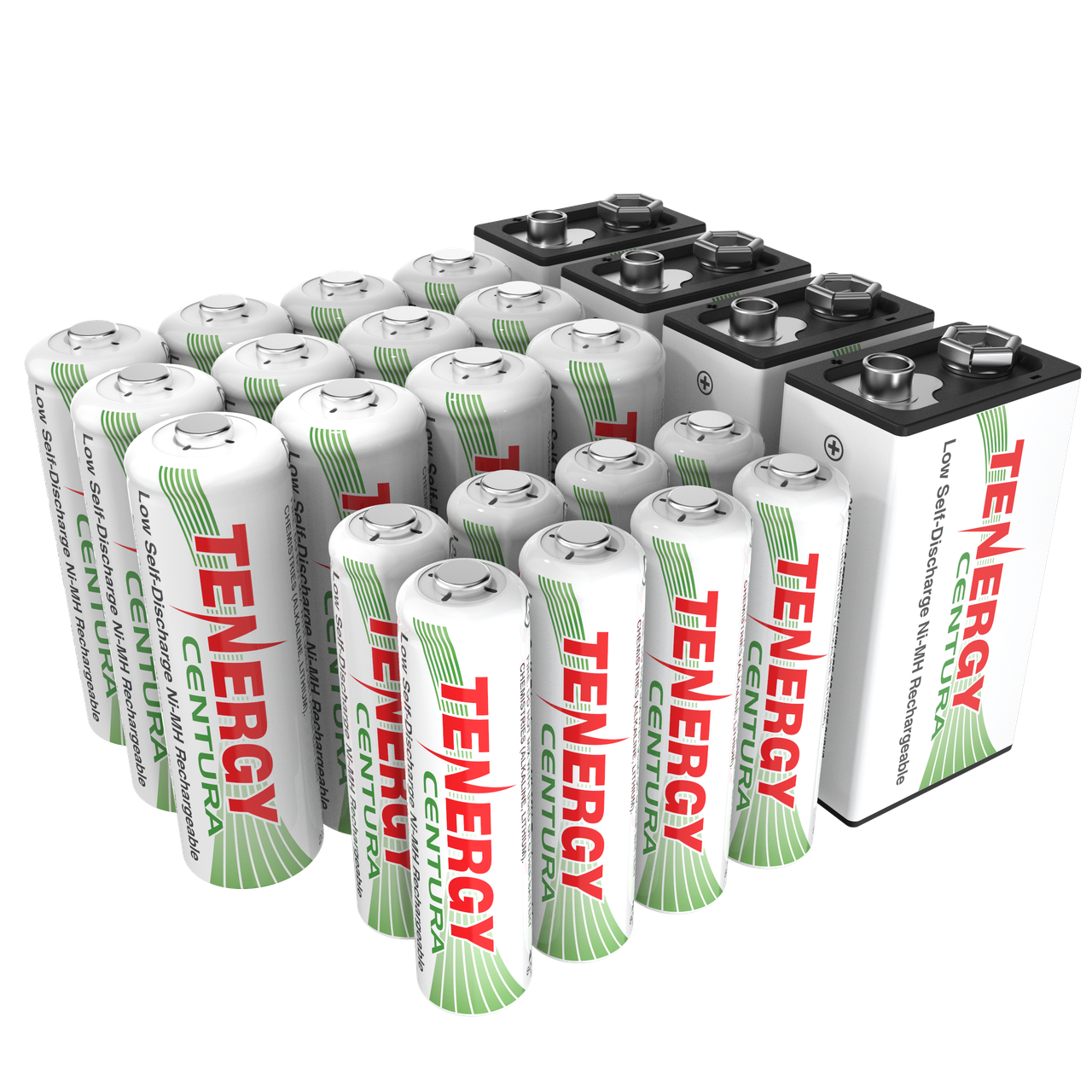 Combo: 24pcs Tenergy Centura NiMH 1.2V Rechargeable Batteries, (12 AA/8 AAA/4 9V)