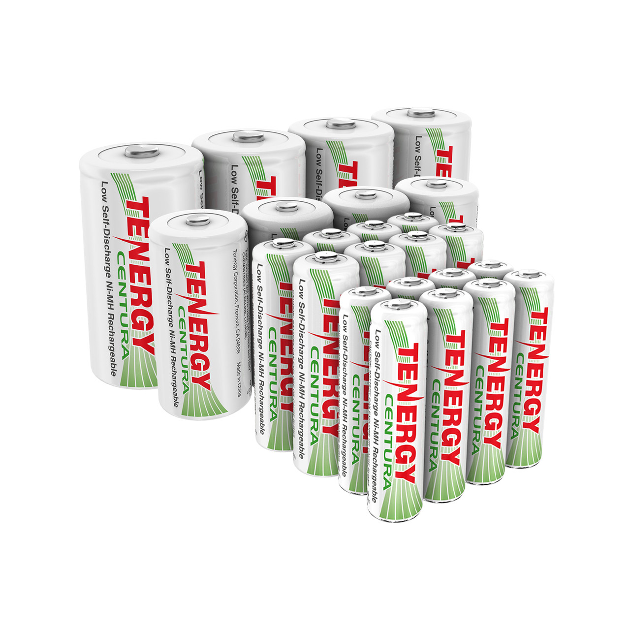 Combo: 24pcs Tenergy Centura NiMH 1.2V Rechargeable Batteries, (8 AA/8 AAA/4 C/4 D)