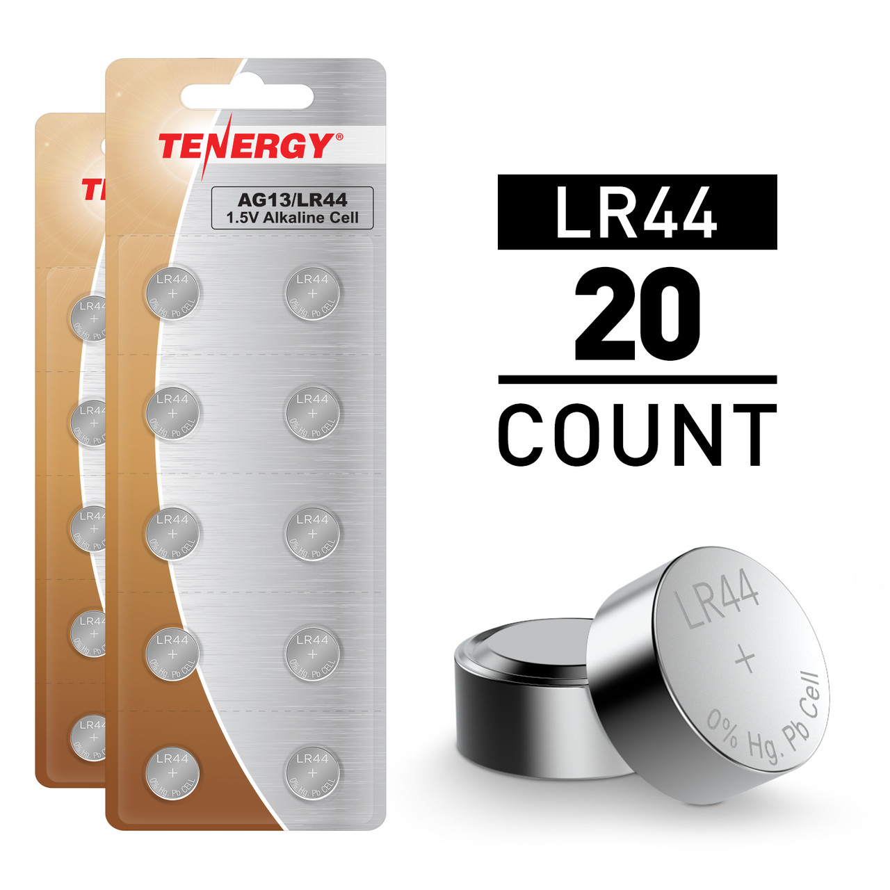 Tenergy AG13 / LR44 1.5V Alkaline Button Cells, 20pcs (2 x Cards)